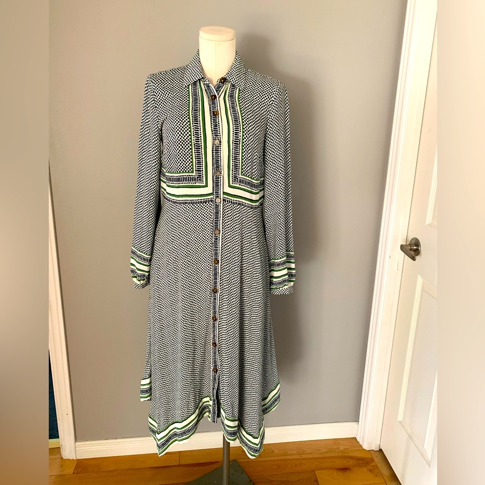 Maeve Chic Black and White Striped Dress with Green Accents